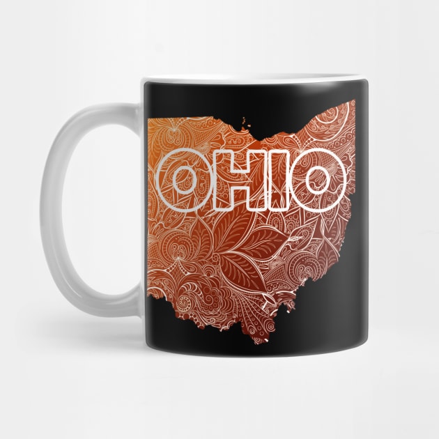 Colorful mandala art map of Ohio with text in brown and orange by Happy Citizen